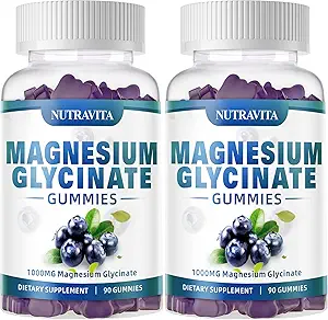 Glycinate Gummys μαγνήσιο 1000mg με L-Θρεονικό μαγνήσιο, Chelated Μαγνήσιο Κάλιο Συμπλέγματος συμπλήρωμα με VitD, B6, CoQ10, Ασβέστιο, Υποστηρίγματα για τη μνήμη, ηρεμία, Mood - 180 Gummies Blueberry