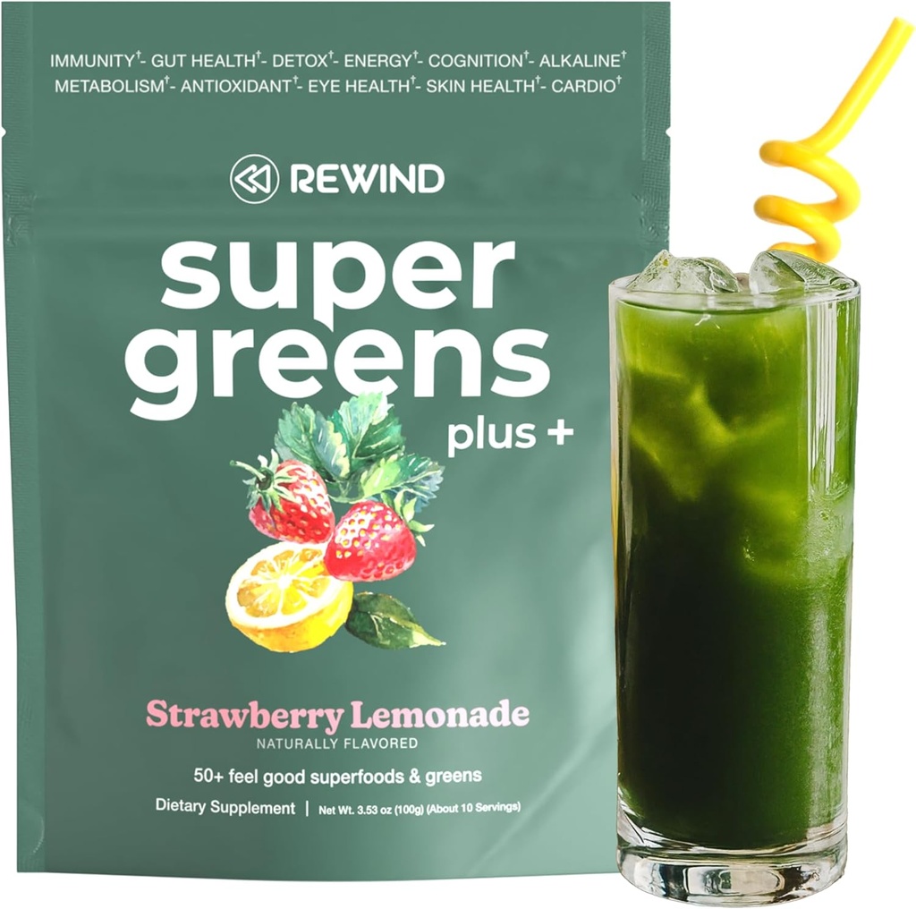 Super Greens Powder με 50+ Superfoods – Daily Green Juice για όλη την οικογένεια – Delicious Green Powder Drink Mix – Flavor Λεμονάδα Φράουλα - 10 Σερβιέτες