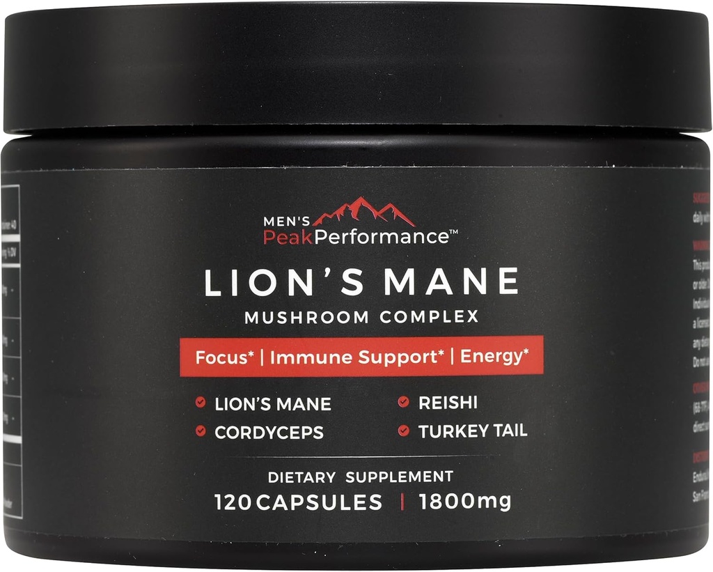 MEN'S PeakPerformance Lion's Mane Mushroom Supplement Capsules with Reishi, Cordyceps, Türkiye Tail – Brain Nootropic for Memory, Focus, Natural Energy, & Immune Support Supplement (120 Capsules)