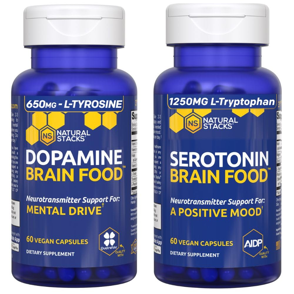 NATURAL STACKS Serotonin Beyin Gıdası + Dopamine Beyin Gıdası - Olumlu Bir Mood & Ruh Drive * - 120 Toplam Capsules