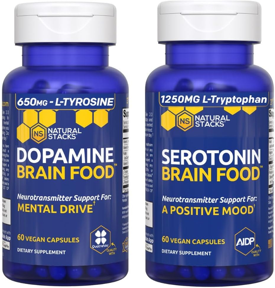NATURAL STACKS Serotonin Beyin Gıdası + Dopamine Beyin Gıdası - Olumlu Bir Mood & Ruh Drive * - 120 Toplam Capsules