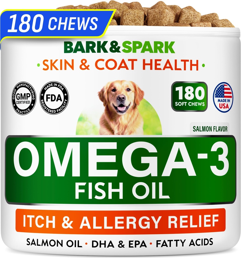 BARK &SPARK Omega 3 Köpekler için - 180 Balık Yağı Köpek Shedding, Skin Alerjileri, Itch Relief, Hot Spots Tedavisi - Ortak Sağlık - Cilt ve Ön Giyim - EPA & DHA Fatty Asits - Salmon Oil