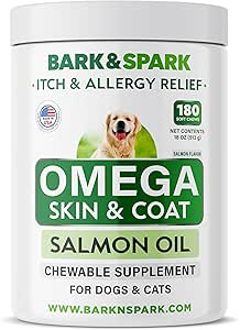 BARK &SPARK Omega 3 Köpekler için - 180 Balık Yağı Köpek Shedding, Skin Alerjileri, Itch Relief, Hot Spots Tedavisi - Ortak Sağlık - Cilt ve Ön Giyim - EPA & DHA Fatty Asits - Salmon Oil