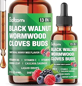 Satoomi 13in1 Black Walnut Liquid Drops with Wormwood, Cloves, B6, C, Vitamin D, Senna, Cascara Sagrada ve 5 Daha fazla - 60 Gün boyunca 2 Fl Oz - Berry Mix Flavor