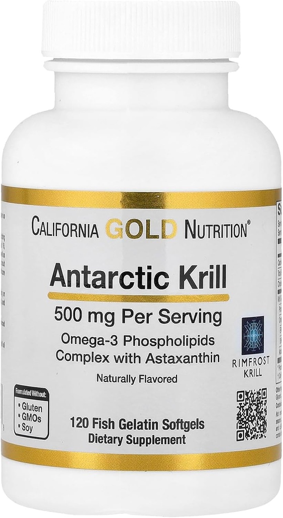California Gold Nutrition Antarktika Krill Oil, Ultra-High Omega-3 with Astaxanthin, Natural Strawberry & Lemon Flavor, Non GMO, Gluten Free, 500 mg, 120 Fish Gelatin Softgels, 2 Pack
