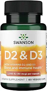Swanson Vitamin D Kompleksi D2 & D3 - Kemik, Diş ve Immune Sağlığı için Kompleks - Vitamin Supplement (50 mcg, 60 Veggie Capsules)