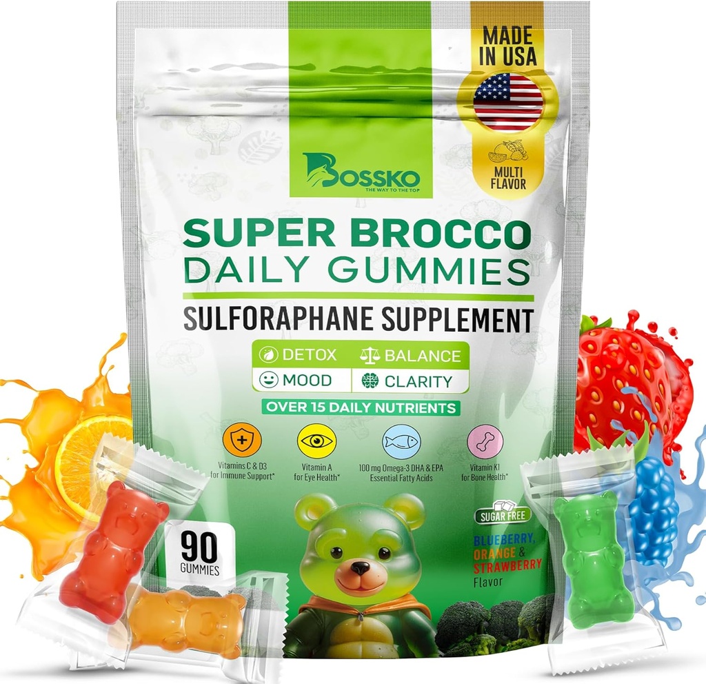Bossko Sulforaphane Gummies with Omega-3 – Broccoli Sprout Extract, EPA/DHA & Antioksis – Hücre Sağlığı ve Mood Desteği – 90 Vegan Gummies – Karma Berry Flavors – Sugar-Free