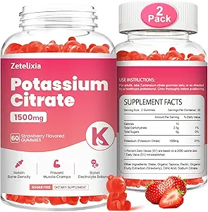 2 Πακέτο Κάλιο Gummies για ενήλικες γυναίκες & άνδρες, Συμπληρώματα Κιτρικό Κάλιο, Πόδι Υποστήριξης Cramps, Μυική Υγεία & Ηλεκτρολύτης Ισορροπία, Χωρίς ζάχαρη, Βιολογικό, Vegan, Φράουλα, 120 Cts