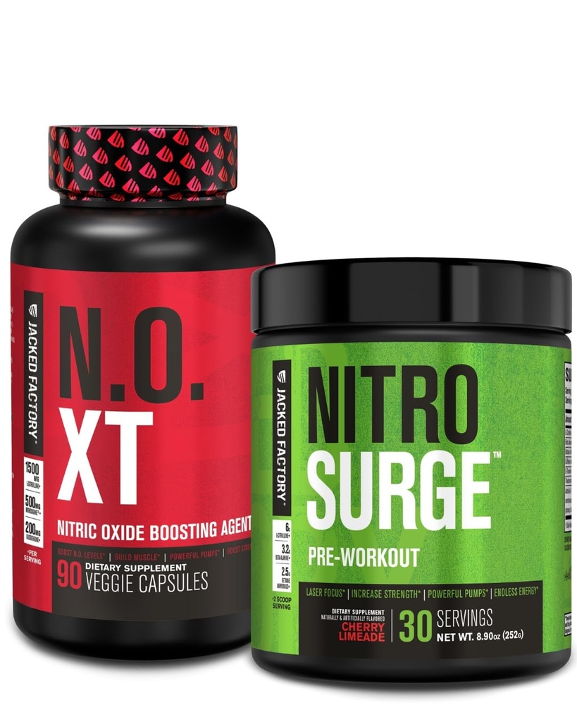 Jacked Factory Pre Workout Stack - N.O XT Nitric Hoffman & NITROSURGE High Energy Pre Workout Fuel