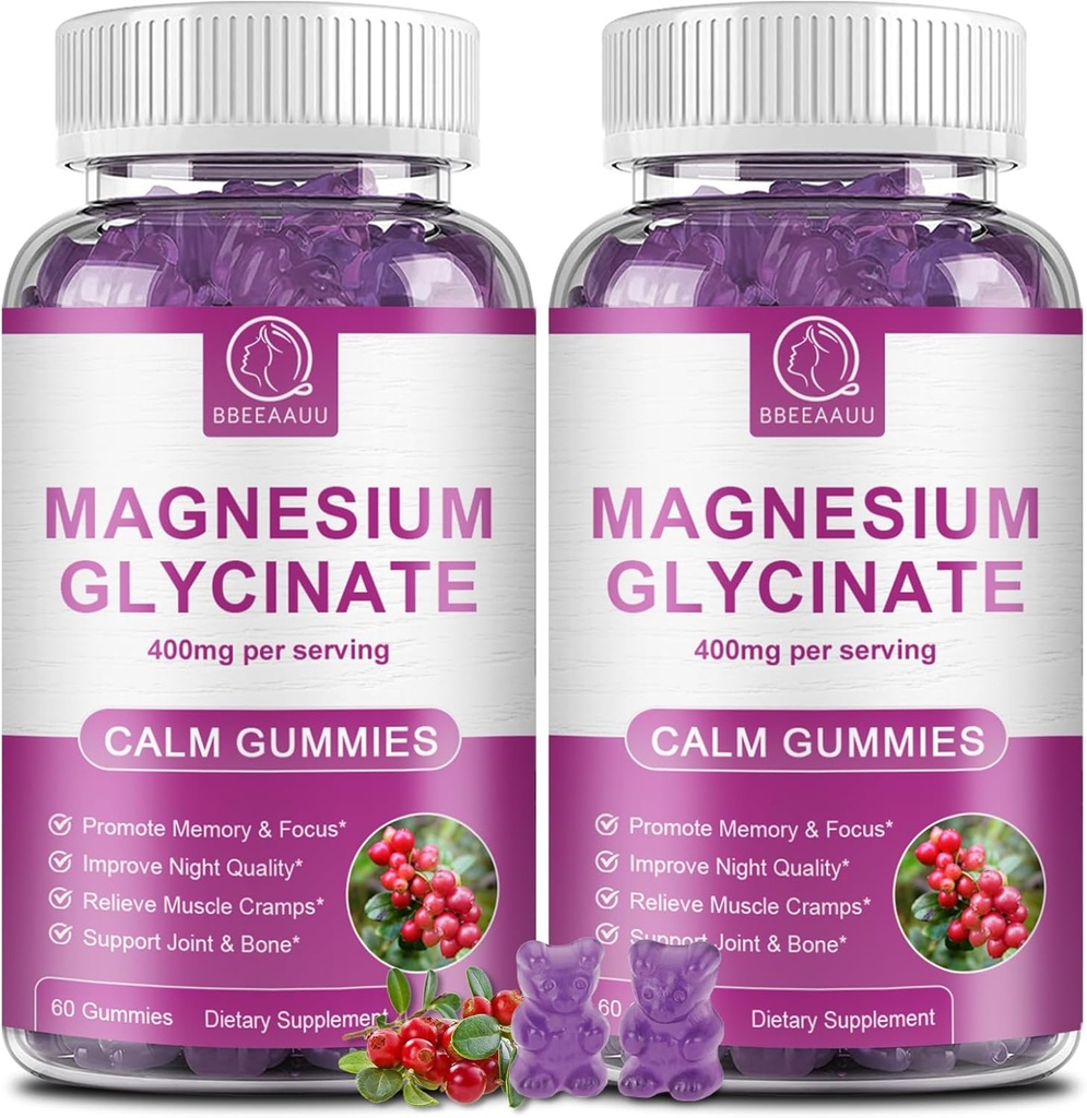 Magnezyum Glycinate Gummies 400 mg, Yüksek Abvitamin Magnezyum Glycinate Supplement with P properties,uba, Vitamin D, B6 & CoQ10 for Night, Muscle Support Cranberry Flavor 60 Count (2 Packs)