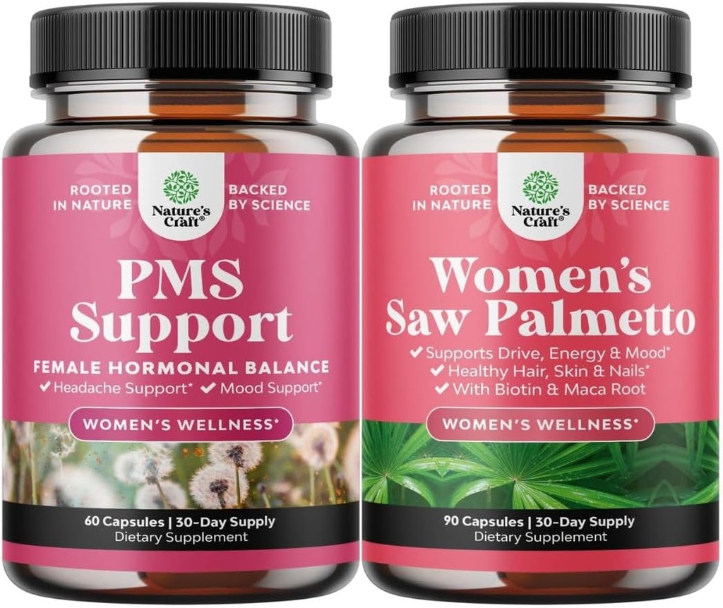 PMS Support and Saw Palmetto for Women - Hormon Balance with DIM, Chasteberry, Black Cohosh & Ashwagandha for Period Cramps and Saw Palmetto Extract with Maca Root & Biotin for Hair Missing