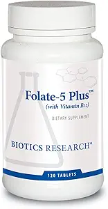 Biotics Research Folate 5 Plus High Potency Folate with B12, Torch Support, 5 Milligram Natural and Whole Food Form of Folate, 1806 B12, Hamilelik Beslenme, Enerji Desteği, Sağlıklı Skin, 120 sekme