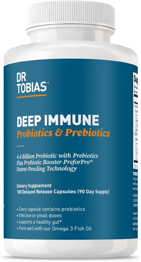 Dr. Tobias Deep Immune Probiyotiks & Prebiyotiks, Dual Action Digestion & Immune Support with PreforPro Prebiyotiks & Geed Release Spore Form Probiyotiks for Women & Men, 180 Capsules, 90 Servisler