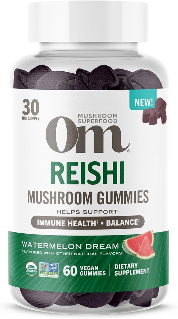 Om Mushroom Superfood Reishi Gummies, USA Grown Organic Mushrooms, Supports Immune Health, Balance, & Stres, 60 Kont, 30 Gummy Supplements