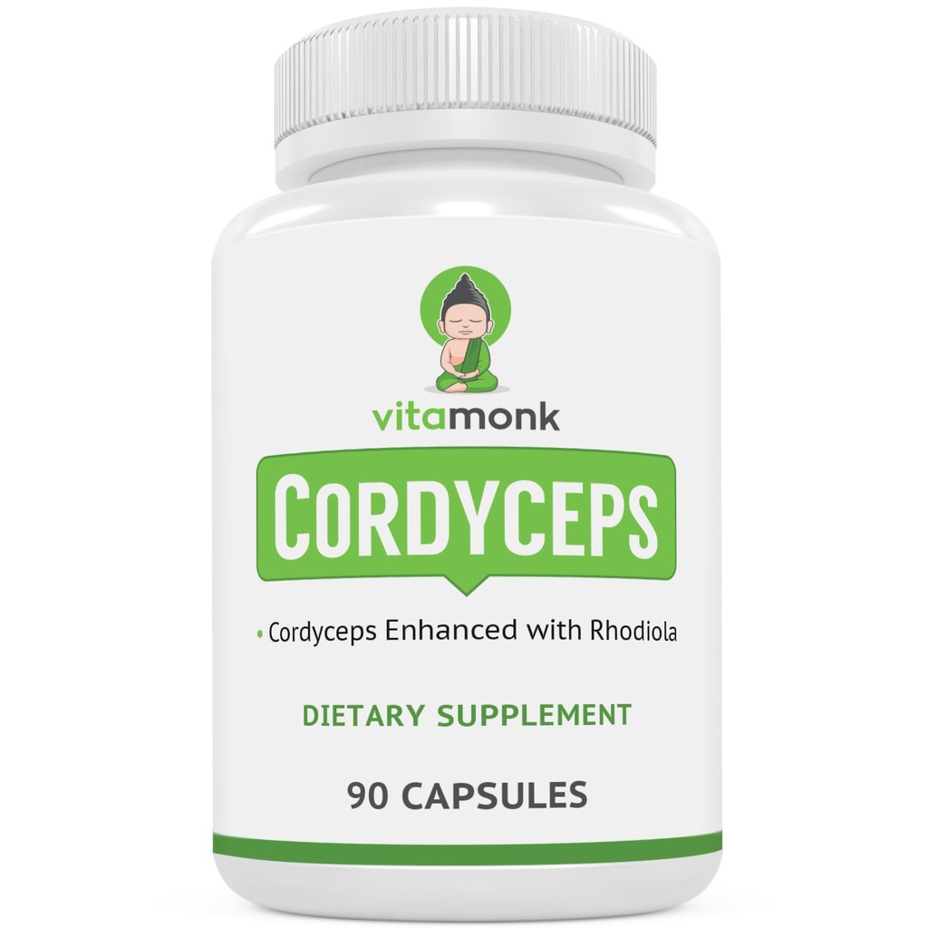 VitaMonk Cordyceps Mushroom Κάψουλες με Rhodiola, 2 γραμμάρια Cordyceps Mushroom Enhanced with Rhodiola - Boost Energy, Fight Stress, Enhance Performance, Non-GMO - 2000mg - 90 Caps