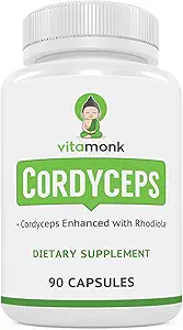 VitaMonk Cordyceps Mushroom Κάψουλες με Rhodiola, 2 γραμμάρια Cordyceps Mushroom Enhanced with Rhodiola - Boost Energy, Fight Stress, Enhance Performance, Non-GMO - 2000mg - 90 Caps