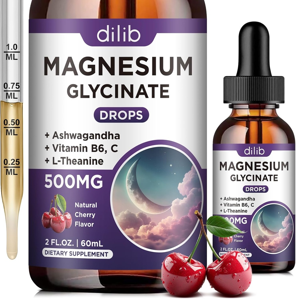 Magnesium Glycinate Liquid Drops 500mg, with Vitamin B6, Ashwagandha, L - Theanine, Chamomile, Magnesium Glycinate Supplement High Absorption for Sleep, Stress, Energy, Mood - Cherry Flavor