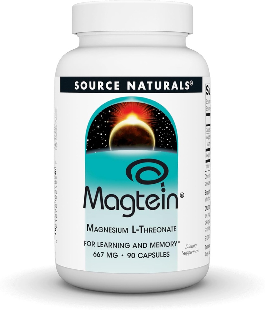 Source Naturals Magtein Magnezyum L-Threonate 667 mg Supports Focus, Mood, Sağlıklı Bellek, Bilişsel Fonksiyonl, Uyku* - 90 Capsules