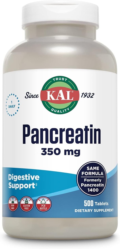 KAL Pancreatin 350 mg, Kadınlar ve Erkekler için Digestive Enzymes, Pancreatic Enzymes for Digestive Health Support, Gluten Free, Non-GMO, Rapid Disintegration, 60-Day Garanti, 500 Hizmet, 500 Tablet