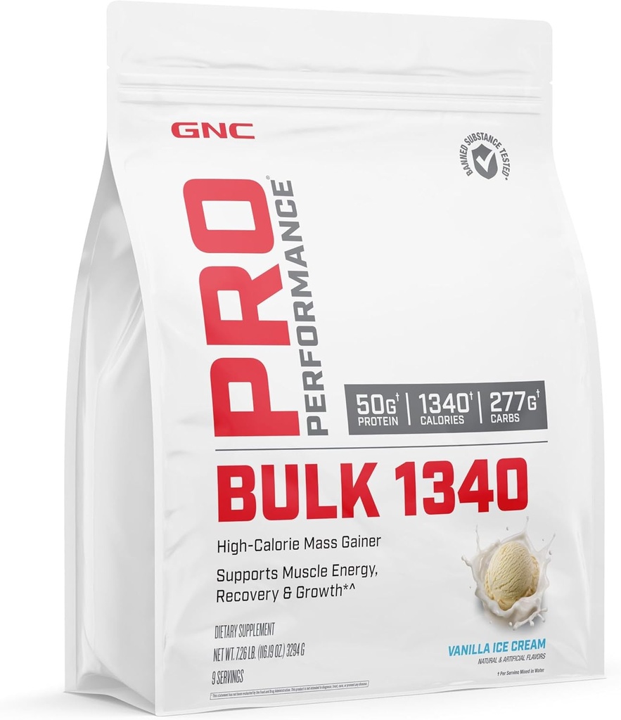 GNC Pro Performance Bulk 1340 Mass Gainer Protein Powder, 50g, Gluten Free, Whey, Createine, BCAA, 3ο μέρος δοκιμαστεί, αποκατάσταση μυών & ανάπτυξη, μικροθρεπτικά συστατικά, παγωτό βανίλια, 9 υπηρεσίες