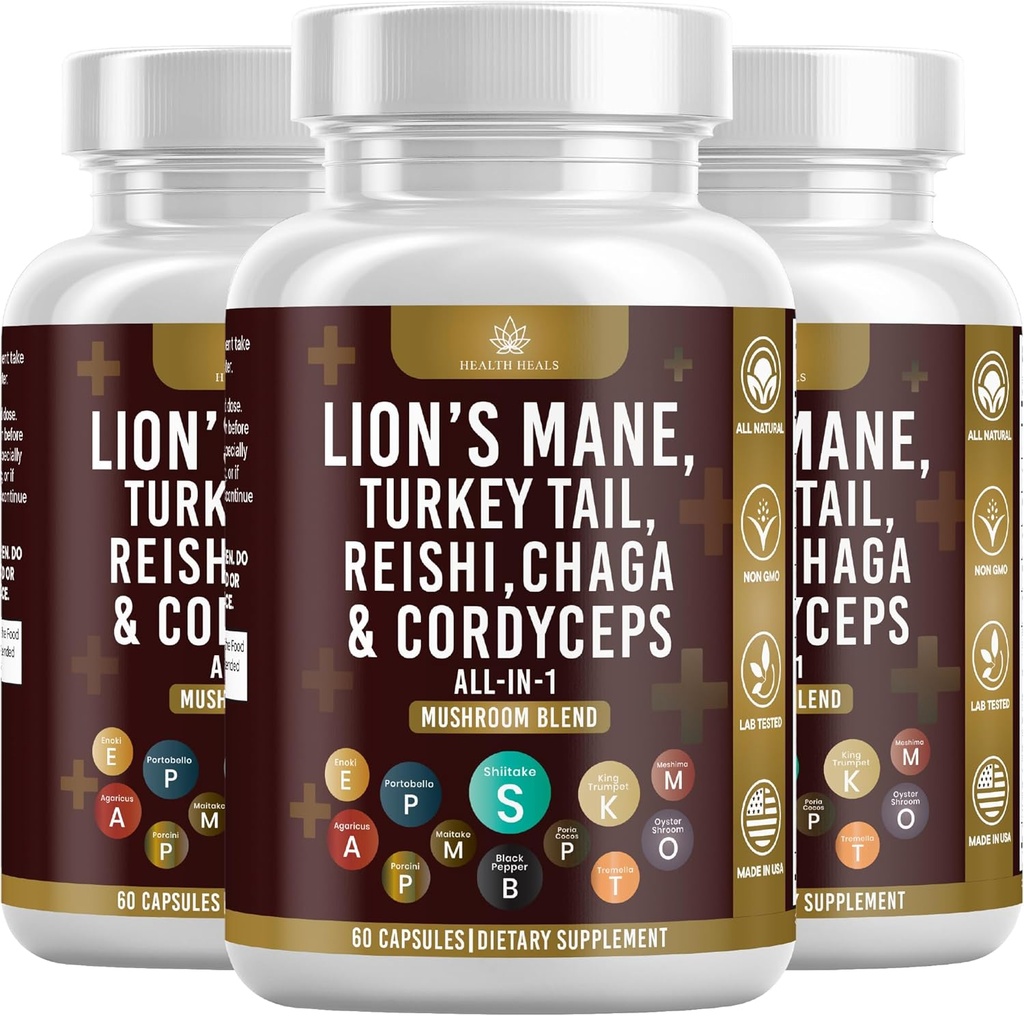 Mushroom Supplement with Lion's Mane Turkey Tail Reishi Cordyceps Chaga Marshmallow Root - 180 Count