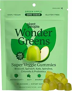 Plant People WonderGreens Veggie Gummies Super Greens with Probiyotiks Multivitamin Support Gummy for Wellence, Energy, Immune and Gut Health, Green Apple Flavor (60 Kont)