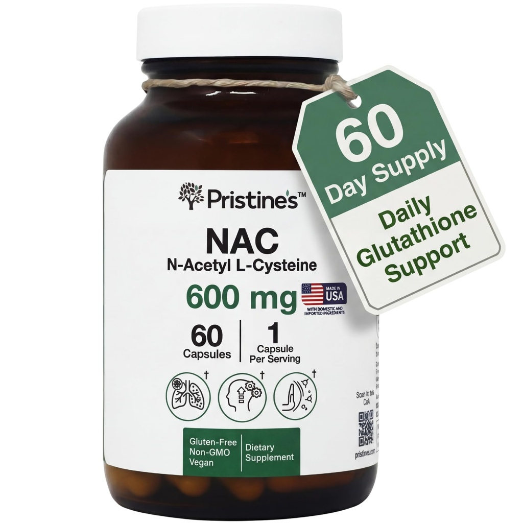 PRISTINE'S N-Acetyl L-Cysteine (NAC) Immunity, Lung, & Liver Support Supplement Capsules - 600MG 60 Day Supply - Potent Antioksi - Vegan, Gluten Free, Non GMO