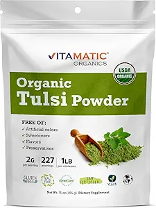 Vitamatic Certified USDA Organic Tulsi (Άγιος Βασίλειος) σκόνη – 1 λίρα (16 ουγγιά) – Προσαρμοσμένο Βότανο για το άγχος, την ανοσία και τη συνολική ευεξία