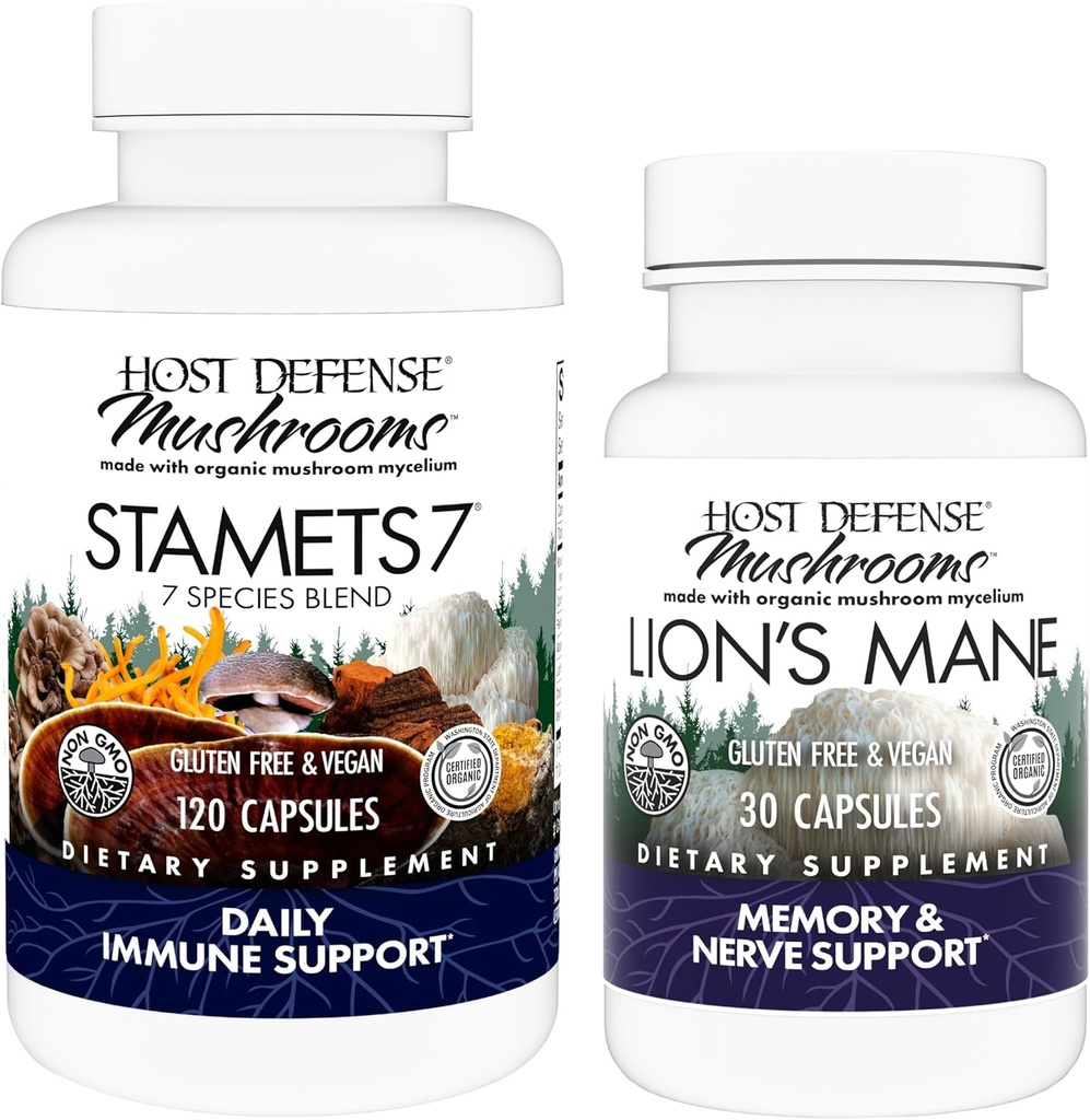 Host Defense Sche with Stamets 7, 120 Count & Lion's Mane Capsules, 30 Count - Support Immune Health & Function - Support Brain Health, Memory & Focus*