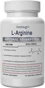 Superior Labs L-αργινίνη 3000mg, καθαρό μη-GMO, υψηλής ισχύος αμινοξύ, νιτρικό οξείδιο & αγγειοδιαστολή Booster για τη ροή του αίματος, υποστηρίζει την ενέργεια και την αντοχή, την αντλία μυών & την υγεία της καρδιάς, 150 Veg Caps
