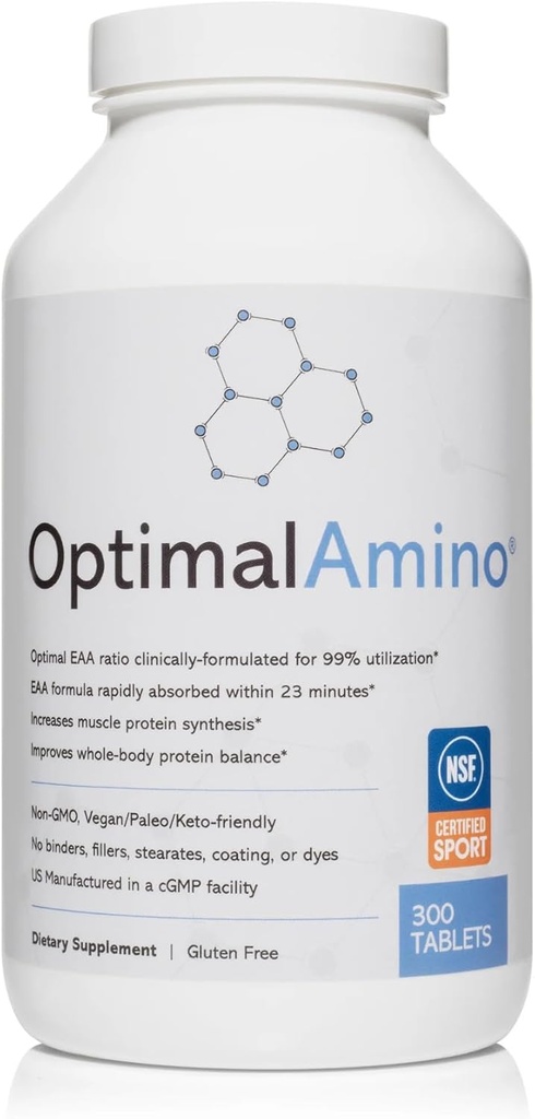 OptimalAmino Tablets (300 Count) | 99% Utilized Essential Amino Acid (EAA) Supplement, Increase Muscle Recovery, BCAA Protein Pre/Post Workout | NSF Certified for Sport® Certified