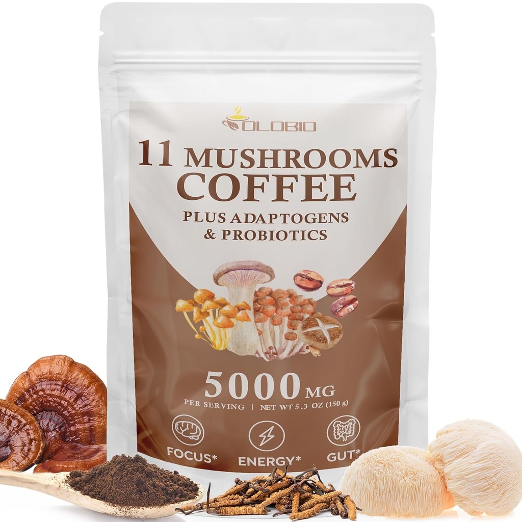 Mushroom Coffee, 11 Organic Mushrooms Plus Adaptogens & Probiotics, with Lion's Mane, Chaga, Reishi, Cordyceps Complex, Instant Coffee for Focus, Energy, Gut, Digetion, Immunity - 5.3oz