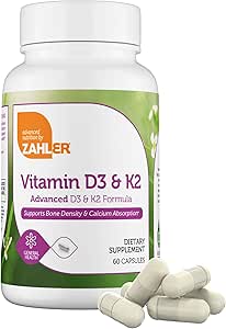 Zahler Vitamin D3 5000 IU K2 - Gelişmiş Vitamin D3 K2 Formula - Kemik Yoğunluğu ve Gıda Apsiyon - Kosher Vegetarian MK7 Vitamin K2 D3 Vitamin D3 K2 (60 Capsules)