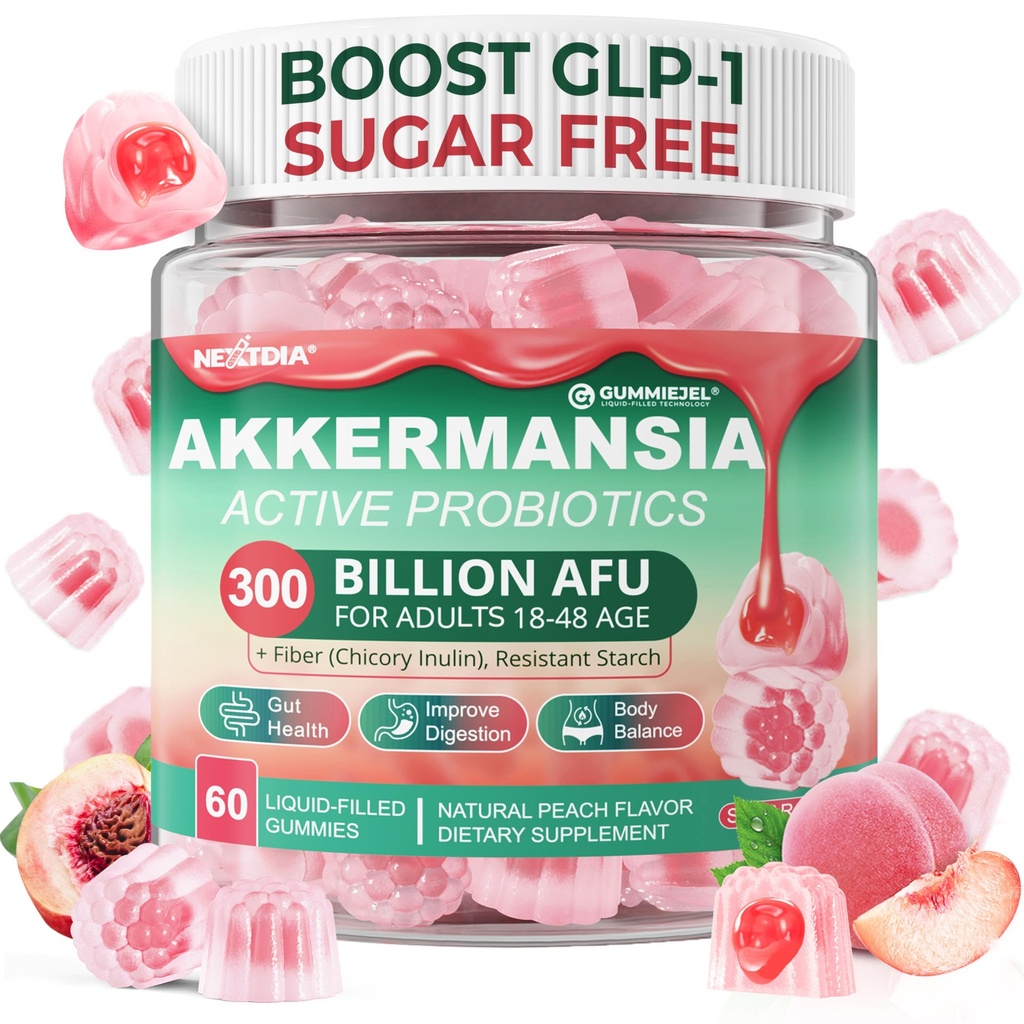 Akkermansia Probiyotiks Gummies with Prebiyotiks Fiber, 300 Milyar AFU Akkermansia Muciniphila, Polyol Fruits, Dayanıklı Starch, A D3 B2 for Metabolism, Digestive & Gut Health, 1Pack