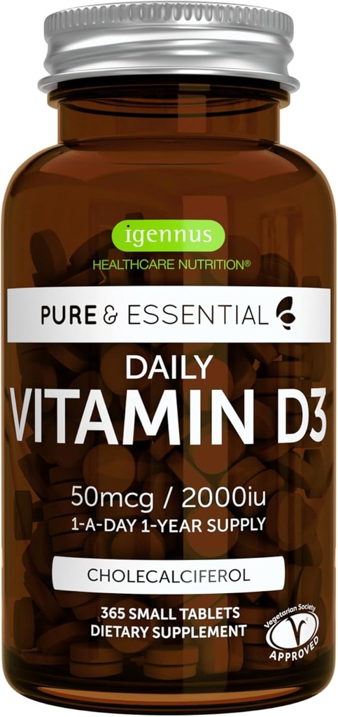 Igennus καθημερινή βιταμίνη D3 2000iu, 50 mcg, καθαρή ετικέτα, 365 μικρά δισκία, 1-ετής προμήθεια, χορτοκαλσιφερόλη συμπλήρωμα βιταμίνης D