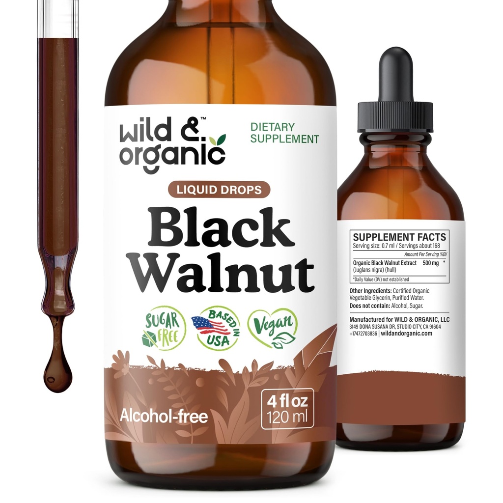 Wild & Organic Black Walnut Tincture - Detox Cleanse w/Black Walnut Hull Extract - Herbal Supplement for Gut Cleanse Detox and Digestive Well-Being - Vegan, Sugar & Alcohol-Free - 4 fl oz