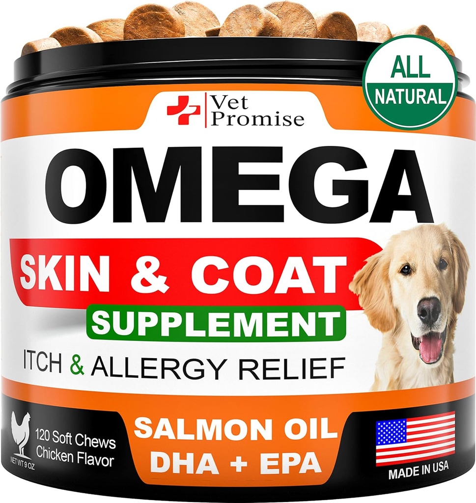 Omega 3 for Dogs - Skin and Coat Supplement Supplement - Fish Oil for Dogs Chews - Anti Shedding Supplement - Kuru Skin Tedavisi - Salmon Oil - ABD'de Yapılan - 120 Yumuşak Tedaviler