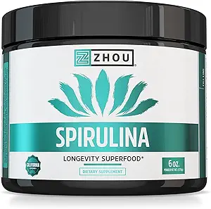 Zhou Spirulina Powder - Blue Green Spirulina Superfood for Women & Men with Vegan Protein, Chlorophyll & Phycocyanin for Smooth Energy & Longevity, Drink Mix for Smoothies - 6 oz Jar (48 Servings)
