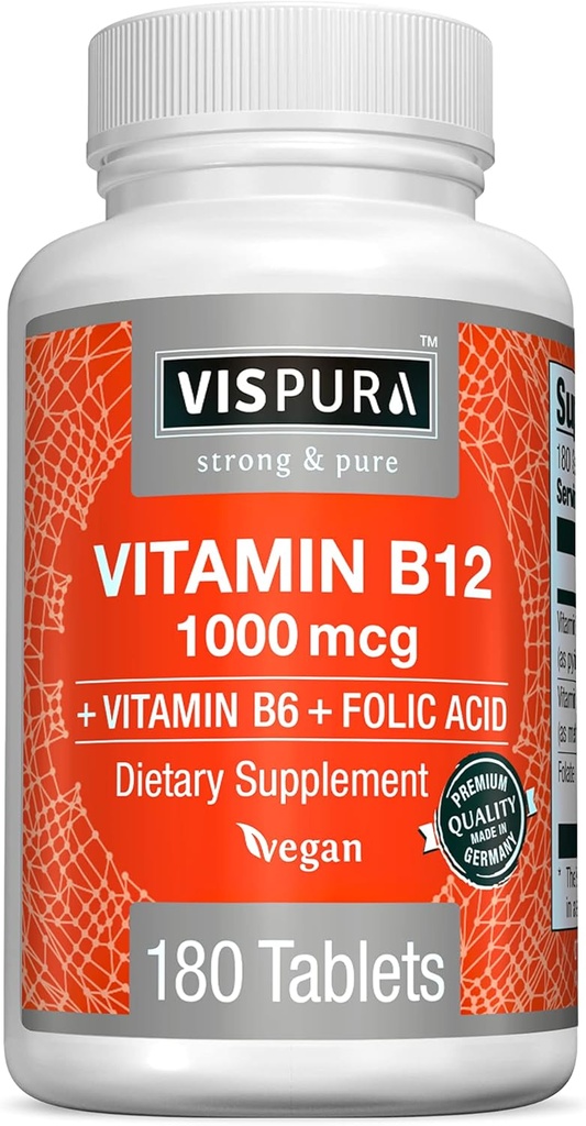 VISPURA Vitamin B12 1000 mcg Torchcobalamin + B6/Folic Acid, 180 Vegan Tablet, Enerjiyi artırmak için en iyi Supplement, Geliştirilmiş Mood, Sharpen Focus*, Organik Supplement