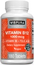 VISPURA Vitamin B12 1000 mcg Torchcobalamin + B6/Folic Acid, 180 Vegan Tablet, Enerjiyi artırmak için en iyi Supplement, Geliştirilmiş Mood, Sharpen Focus*, Organik Supplement