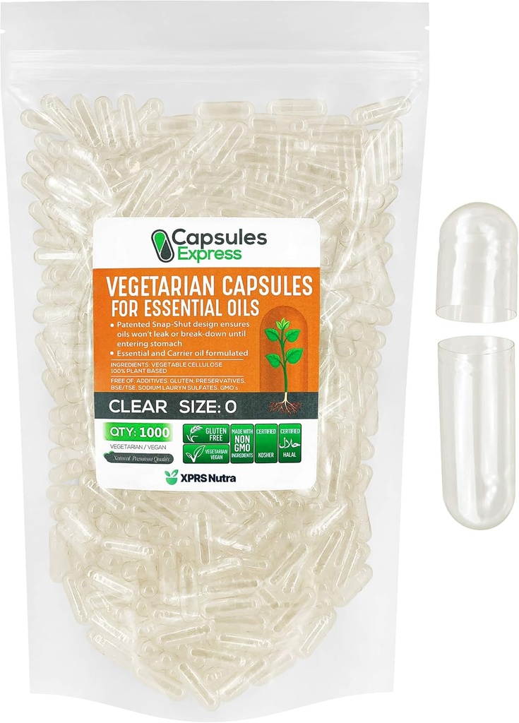 XPRS Nutra Size 0 Empty Vegan Capsules - 1000 Count Clear Veggie Capsules for Essential Oils - Empty Vegetable Caps - DIY Filling Works with Most Oil