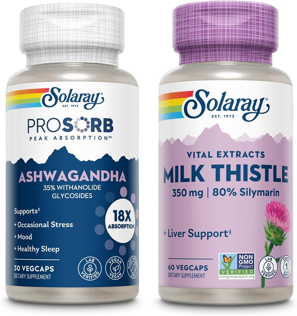 SOLARAY Ashwagandha ve Milk Thistle Supplement Sche, 18X Abors Ashwagandha Capsules for Mood Support Plus Milk Butle Ekstraksiyon, Vegan, 60-Day Garanti, 30ct / 60