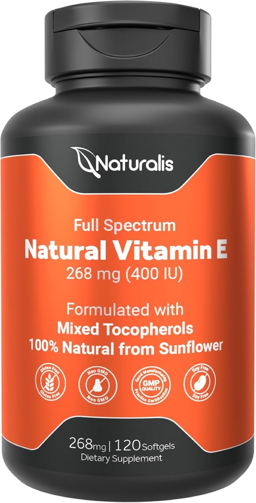 Naturalis Sunflower Vitamin E 268mg (400 IU) ile Karma Tocopherols | Essential Skin & Immune Support | Non-GMO, Soy & Gluten Free | 120 Softgels