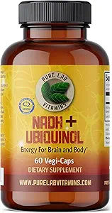 Pure Lab Vitamins NADH 10 mg ile Ubiquinol 40 mg - 60 Vegi Caps Bioaktif VIT B3 ve CoQ10 Beyin ve Vücut Enerji için. Kanada'da Made in Canada
