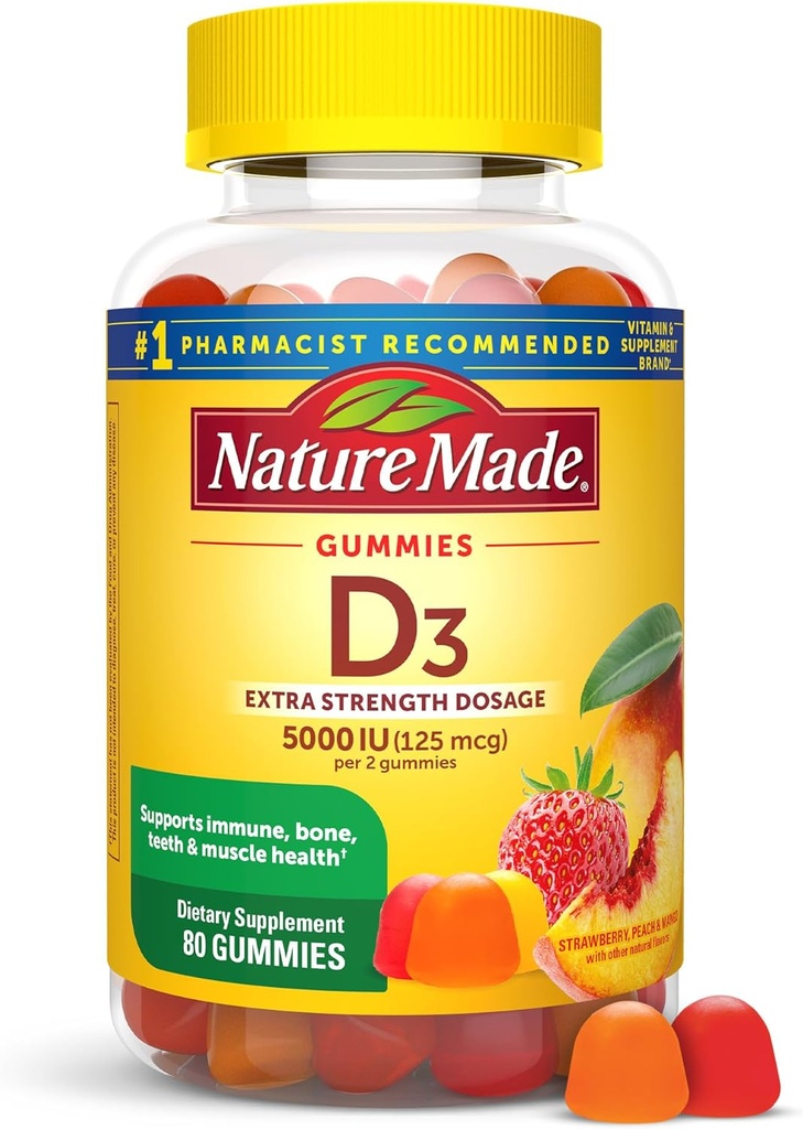 Nature Made Vitamin D3 5000 IU Per Care Gummies Extra Strength, Bone and Immune Health Support, 80 Vitamin D Gummies for Yetişkinler, 40 Day Supply