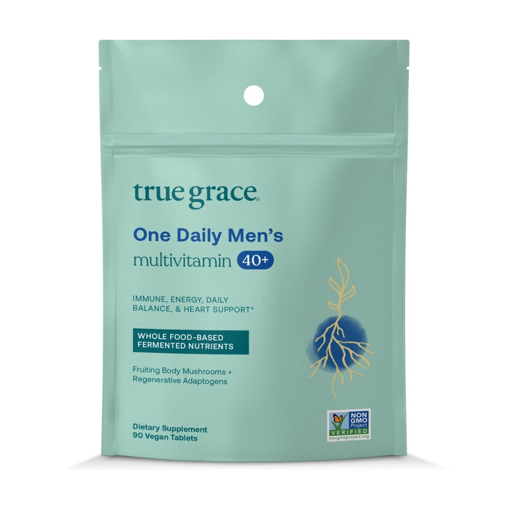 True Grace Men's 40+ Bir Günlük Multivitamin Fermented Minerals, Organik Adaptogens & Mushrooms Whole Body Balance Immune, Endurance, Bone & Heart Support Supplement - Non-GMO - 90 Vegetarian Tabletler