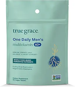 True Grace Men's 40+ Bir Günlük Multivitamin Fermented Minerals, Organik Adaptogens & Mushrooms Whole Body Balance Immune, Endurance, Bone & Heart Support Supplement - Non-GMO - 90 Vegetarian Tabletler