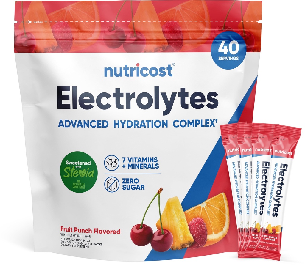 Nutricost Electrolytes Kompleksi, Meyve Züvored, 40 Stickpacks - Gelişmiş Hydration Kompleks