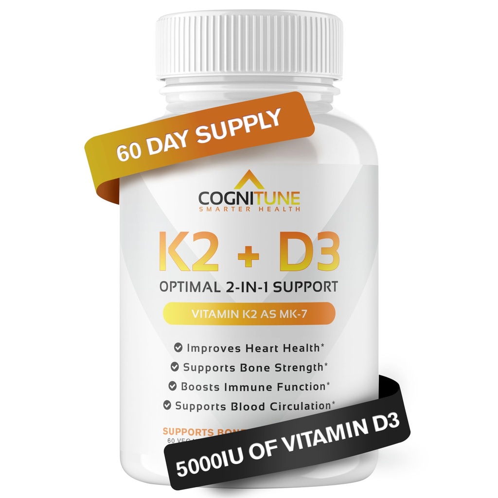 CogniTune Vitamin K2 (MK7) with D3 Supplement - Premium Natural Heart & Bone Health Capsules - Pure D3 Plus K2 Complex with 5000 IU of Vitamin D 3 & 90 mcg of Vitamin K 2-60 Count