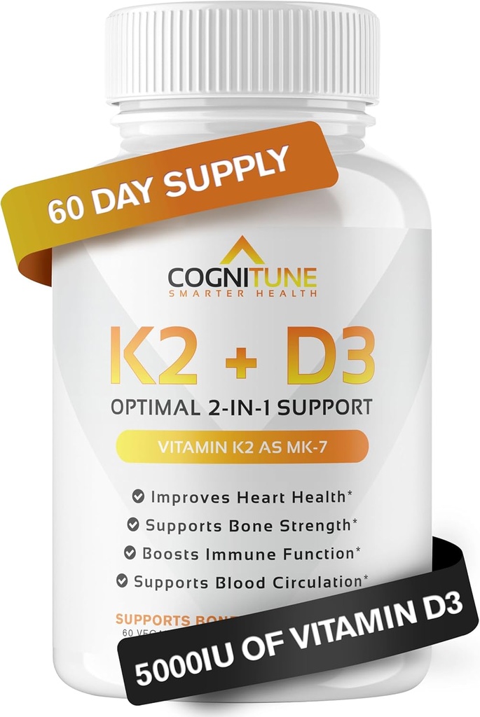 D3 5000 I Vitamin K2 (MK7) Tamam - Premium Immune, Heart & Bone Health Capsules - 5000 A Vitamin D3 ve 90 mcg of Vitamin K2 mk7-60 Count